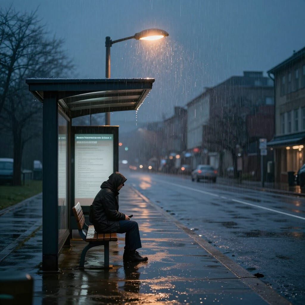 Figure Waits at Bus Stop on Rainy Night