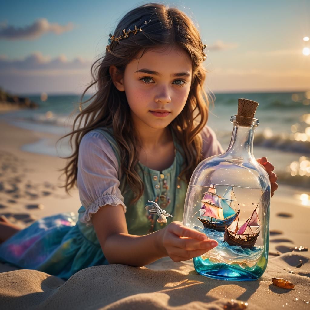 Girl with Ship in a Bottle: Magical Realism Art