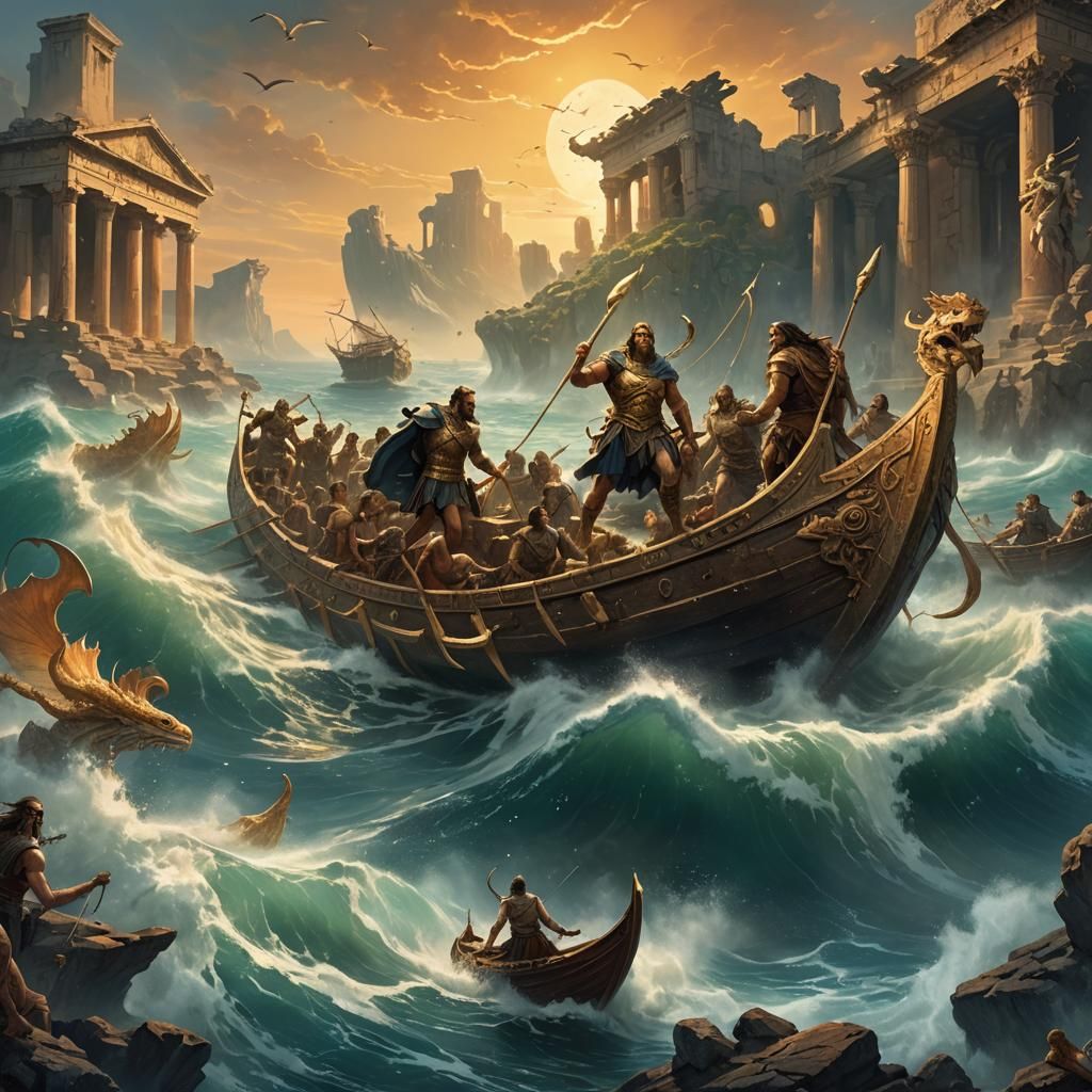 Mythical Voyage of Greek Heroes in Fantasy Art Style
