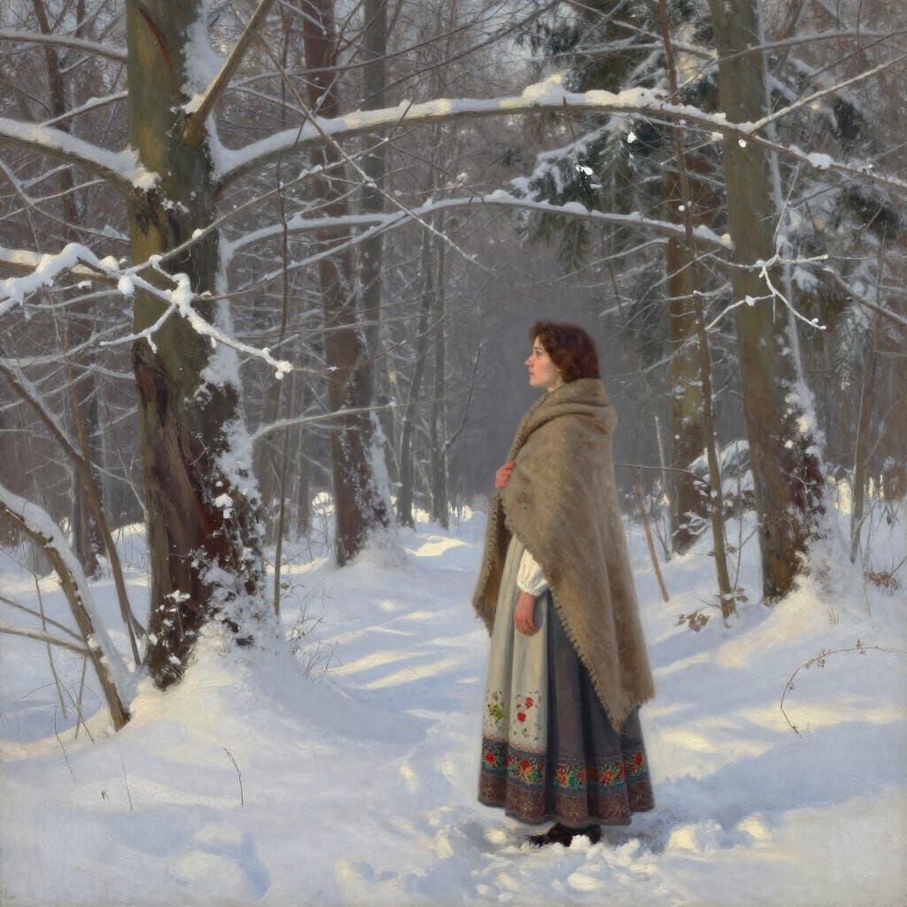 Woman in Vintage Sarafan at Snow Forest Edge