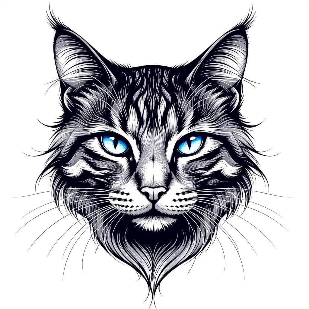 Abstract Black Line Feline Face in Calligraphic Style