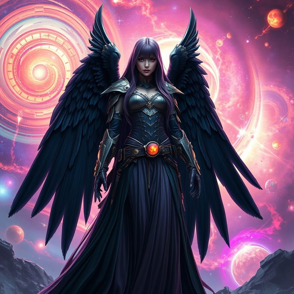 Cyberpunk Warrior Queen in Dark Purple Haired Angelic Splend...