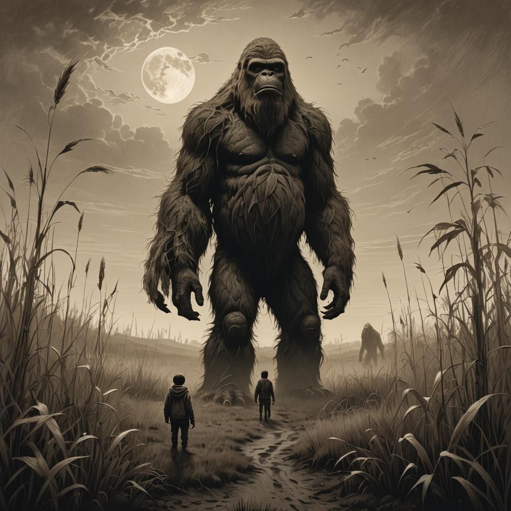 Monochrome Sasquatch in Gloomy Landscape