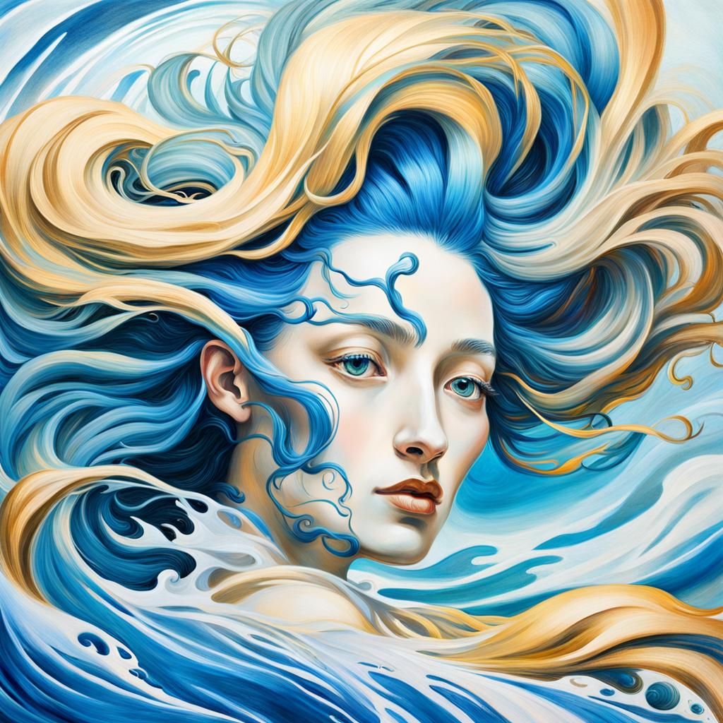 Surreal Girl with Hokusai Wave Hair