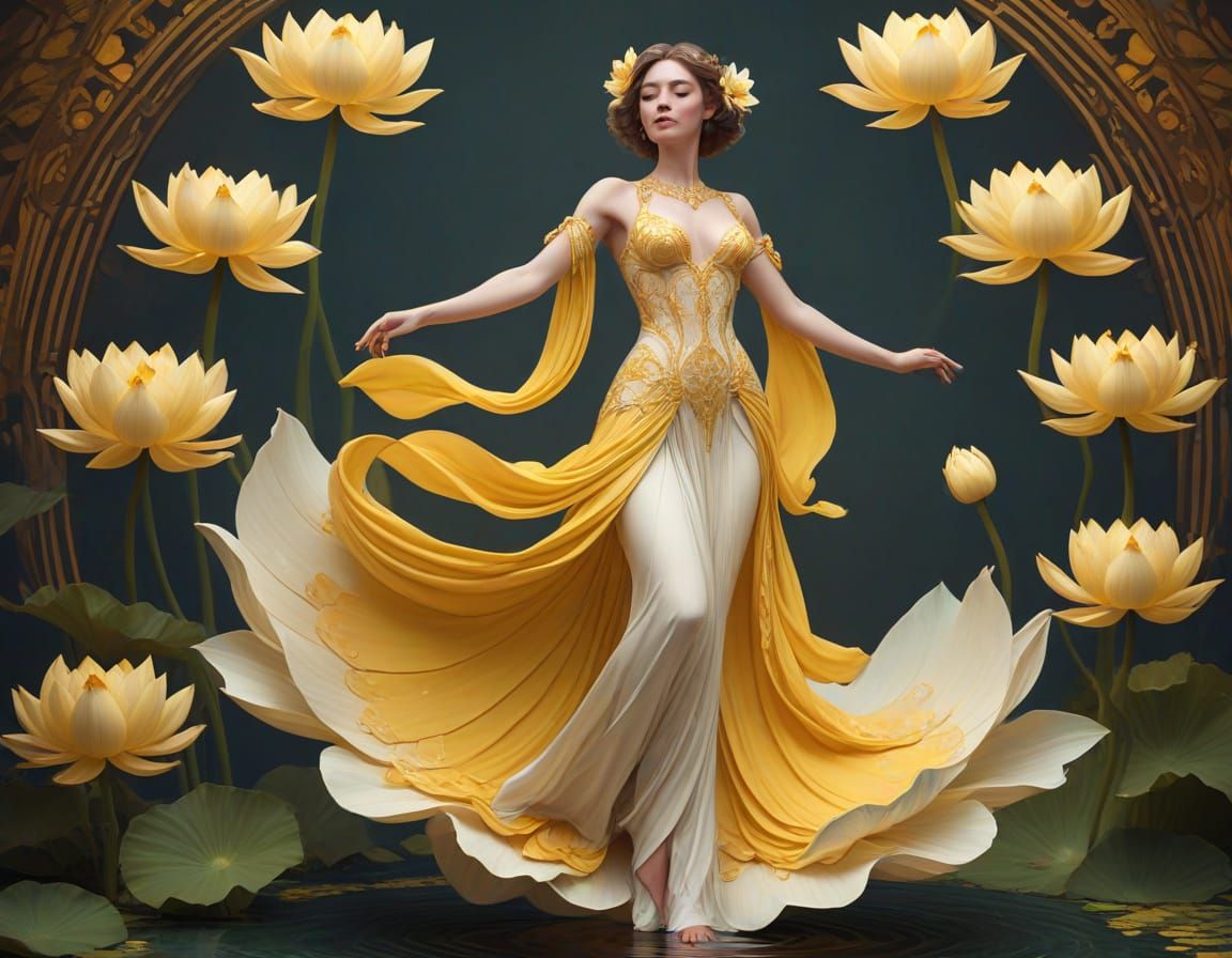 Woman in Giant Lotus Flower Dress, Art Nouveau Style