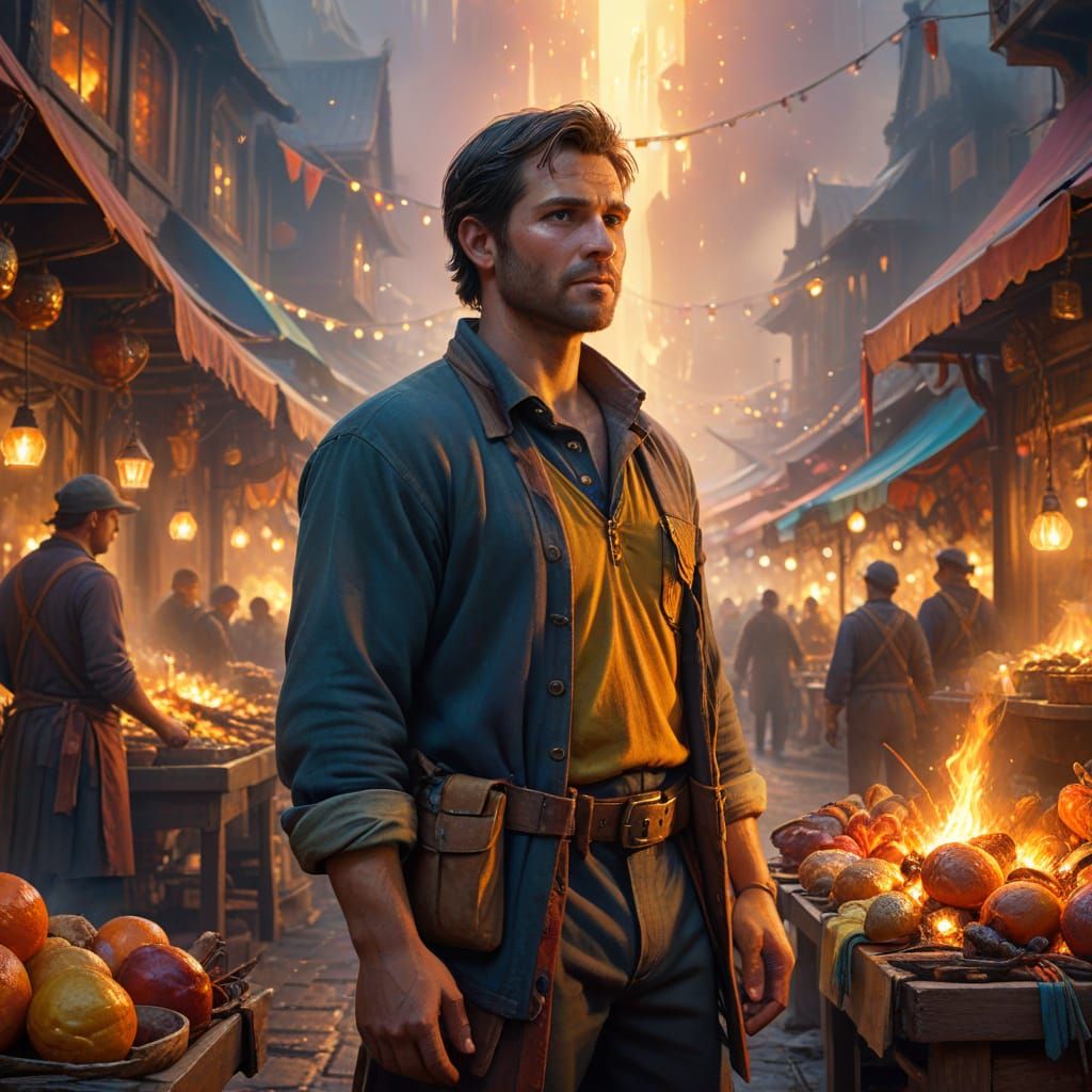 Fantasy Tradesman in Marketplace with Golden Light