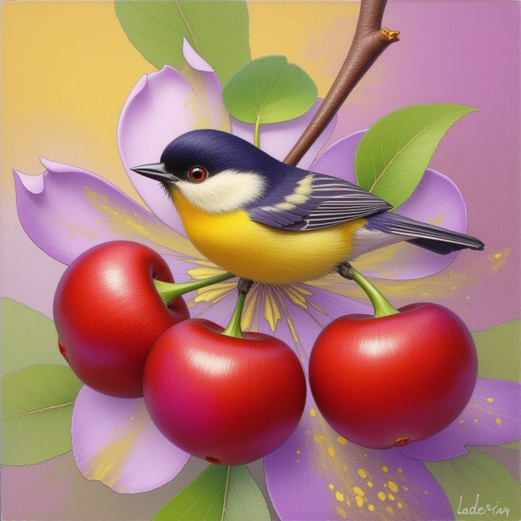 Bird Among Blossoming Cherries Watercolor