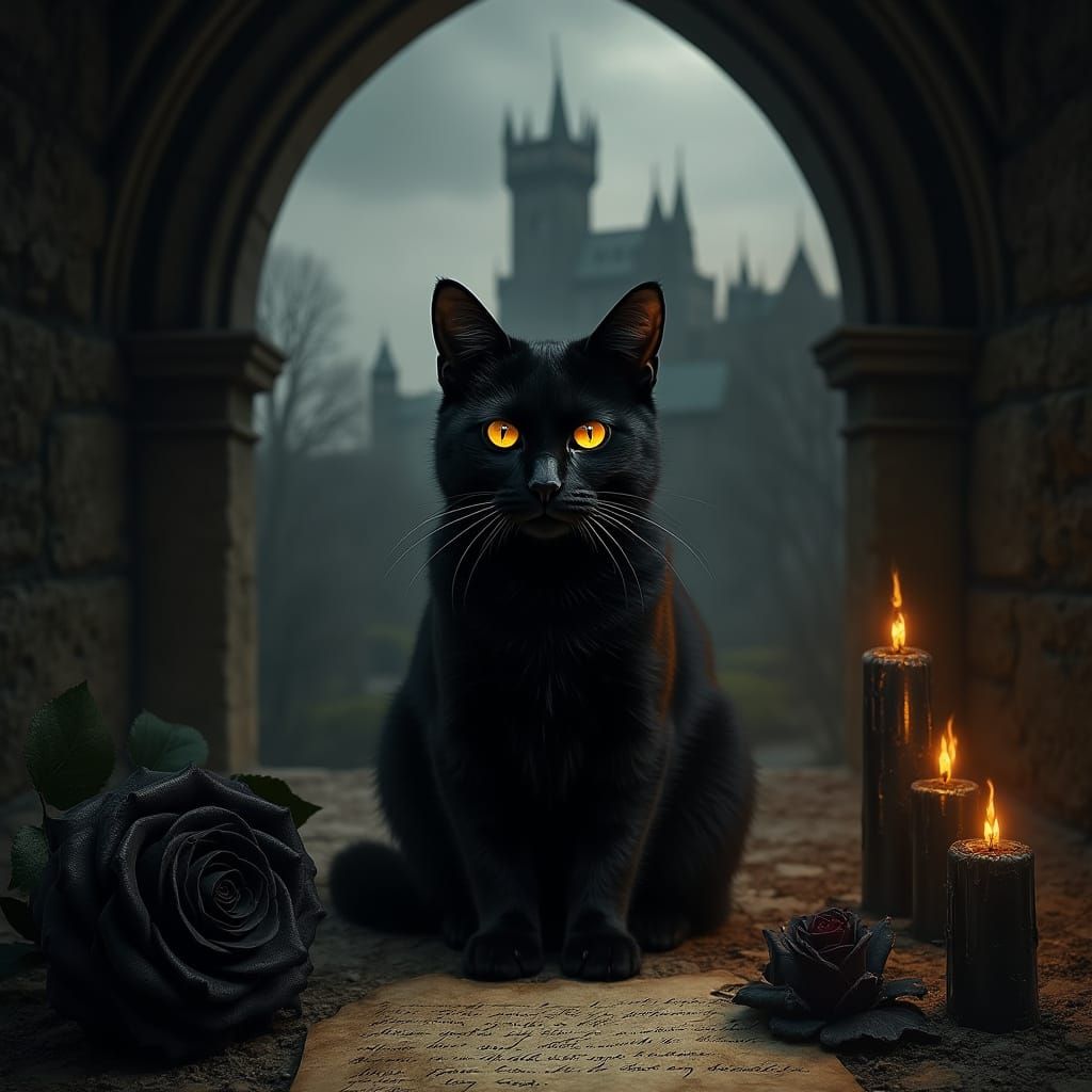 Mysterious Black Cat Before Gothic Castle in Moody Light