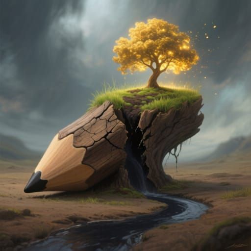 Magical Realism Painting of Giant Ancient Pencil with Glowin...