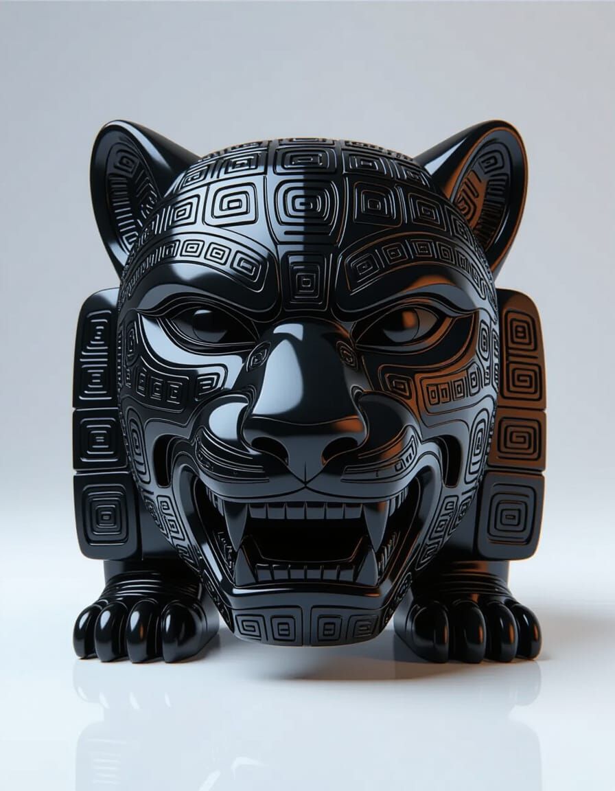 Obsidian Jaguar-Warrior with Mayan Hieroglyphs in 8k