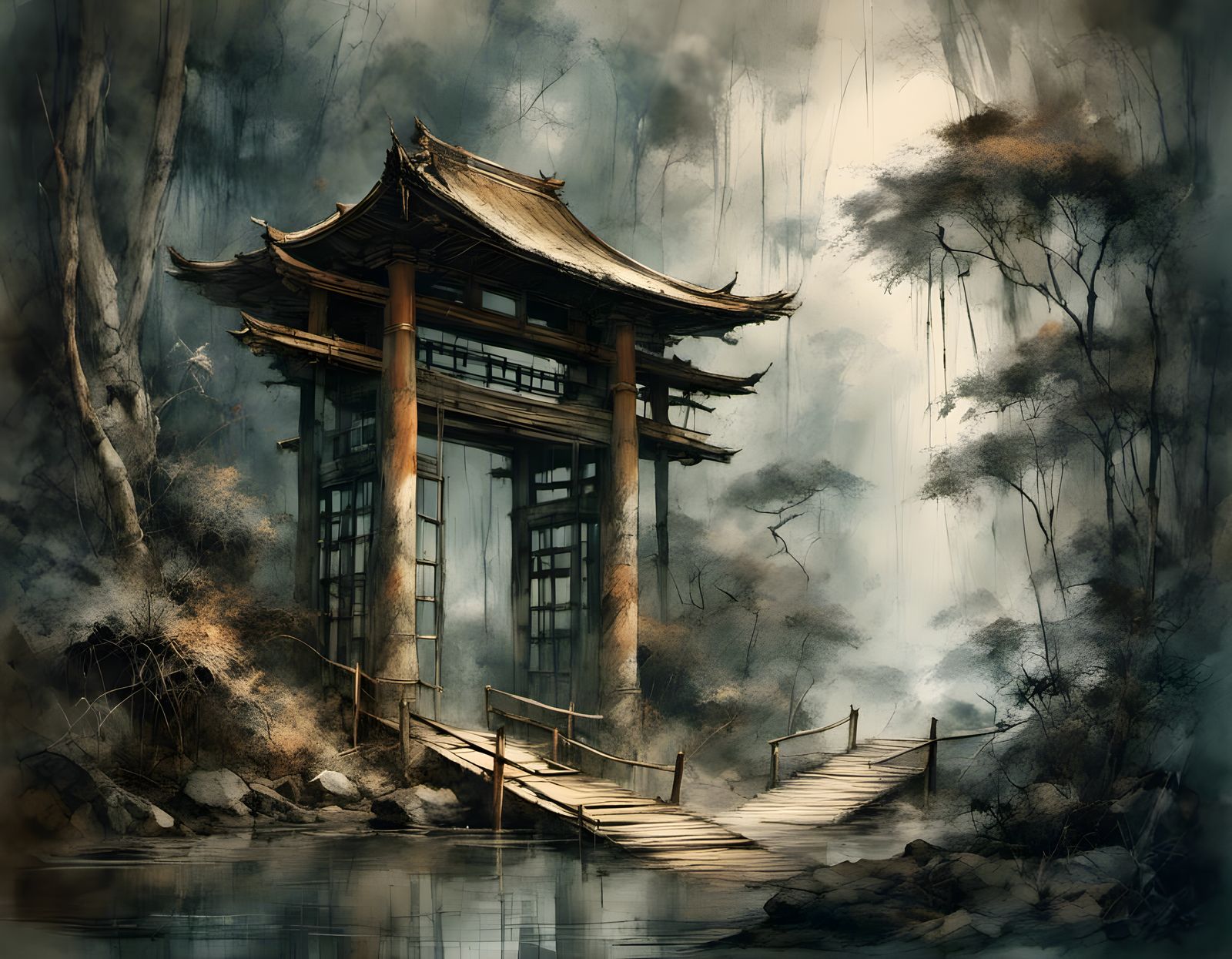 Bamboo Forest Tori Gate in Digital Painting Style