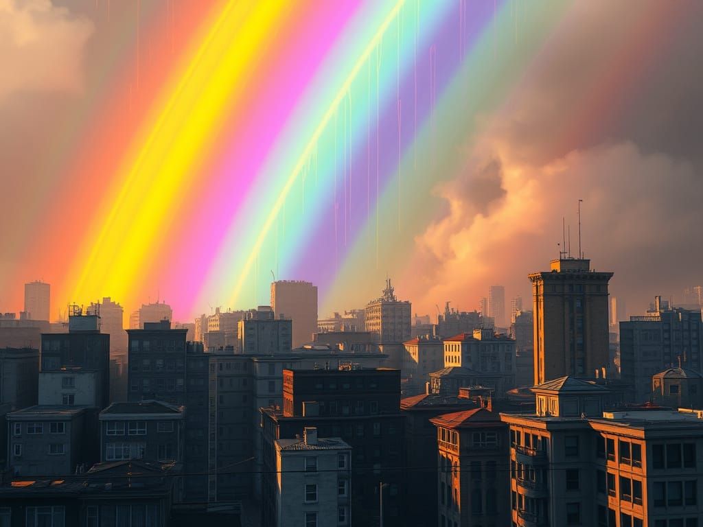 Vibrant Rainbow Transforms Grey Cityscape