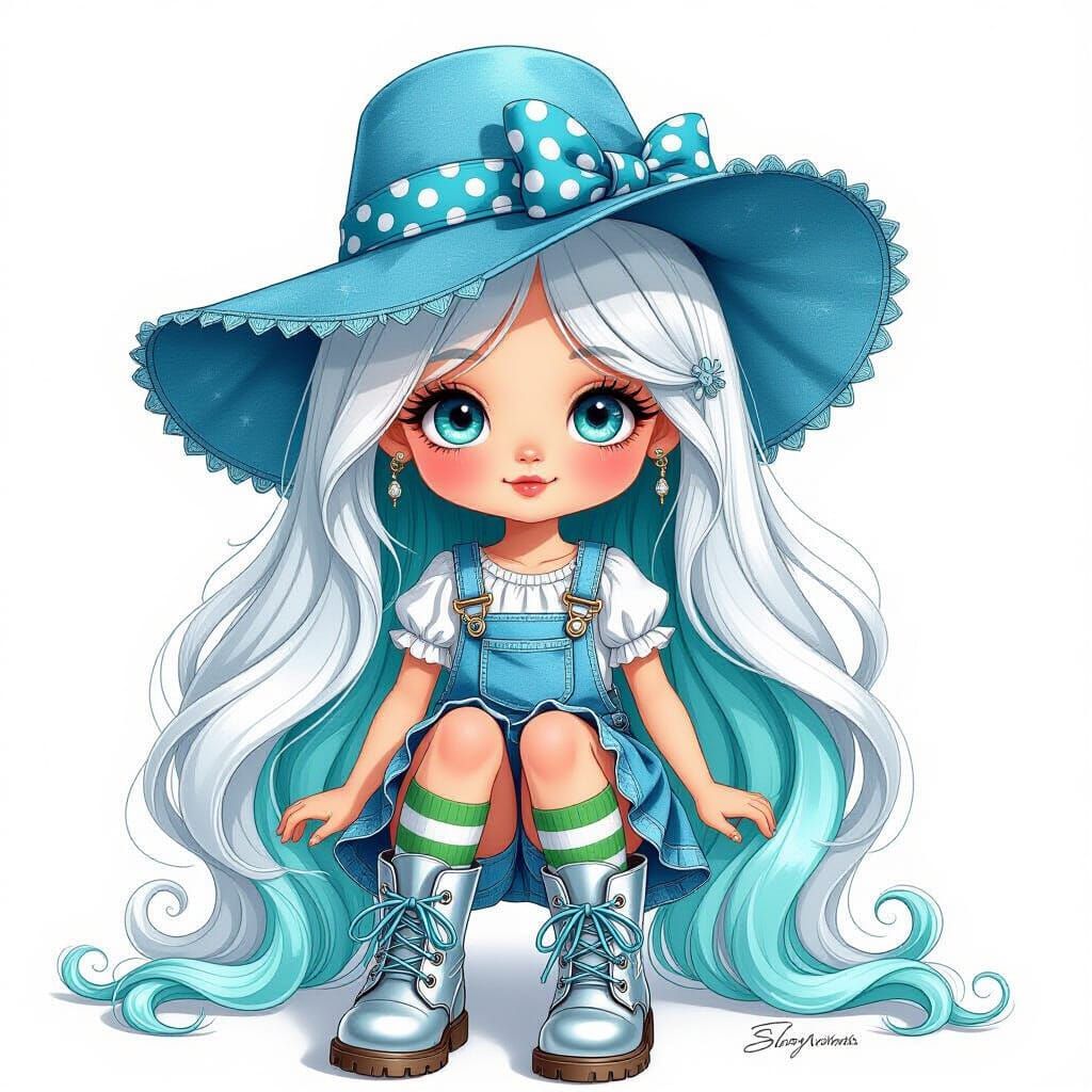 Whimsical Pencil Art: Shy Girl with Turquoise Hair