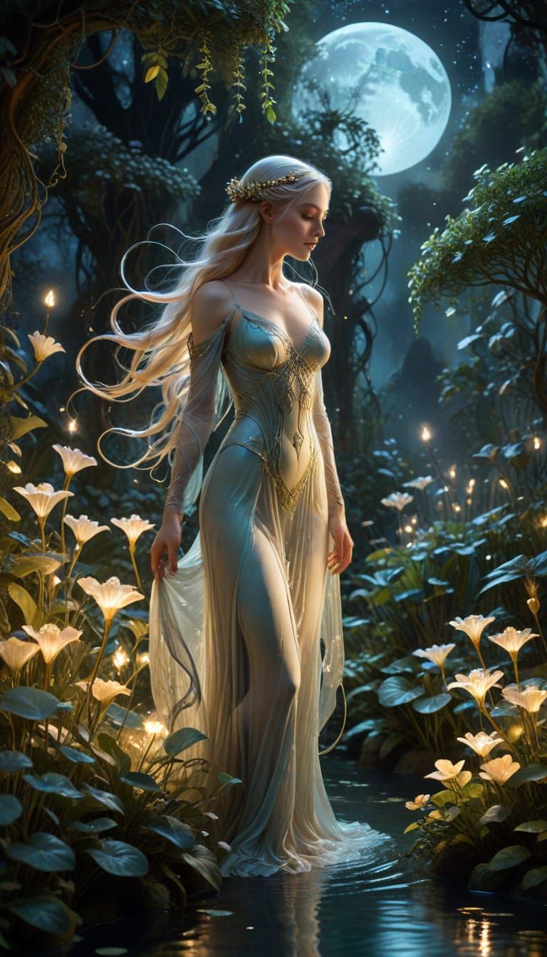 Enchanting Elven Gardener in Moonlit Paradise