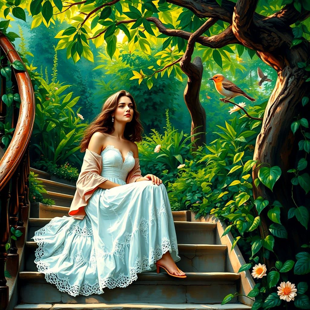 Neoimpressionist Young Girl on Escalade in Vibrant Garden