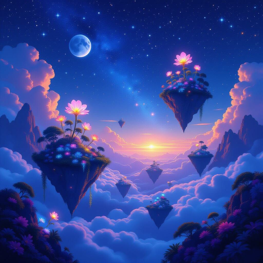 Surreal Floating Islands Landscape with Glowing Flora
