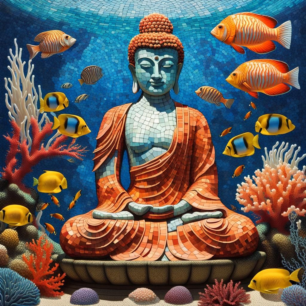 Submerged Zen Buddha Mosaic in Coral Reef