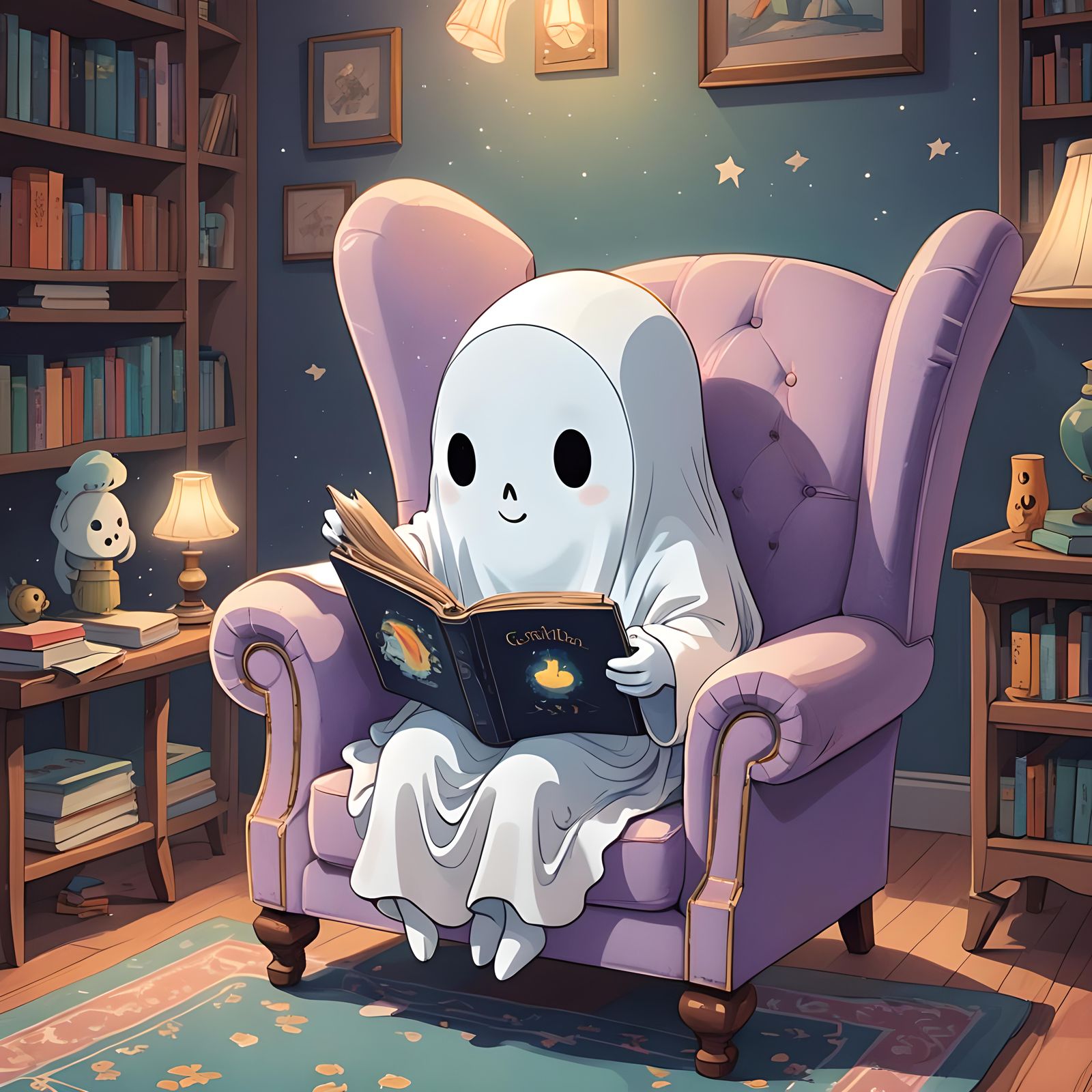 Cute Ghost Reading: 3D Anime Children's Illustration