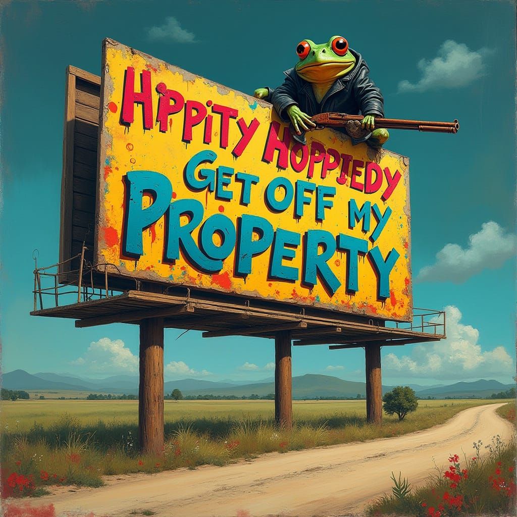 Rural Billboard Warning with Frog and Shotgun