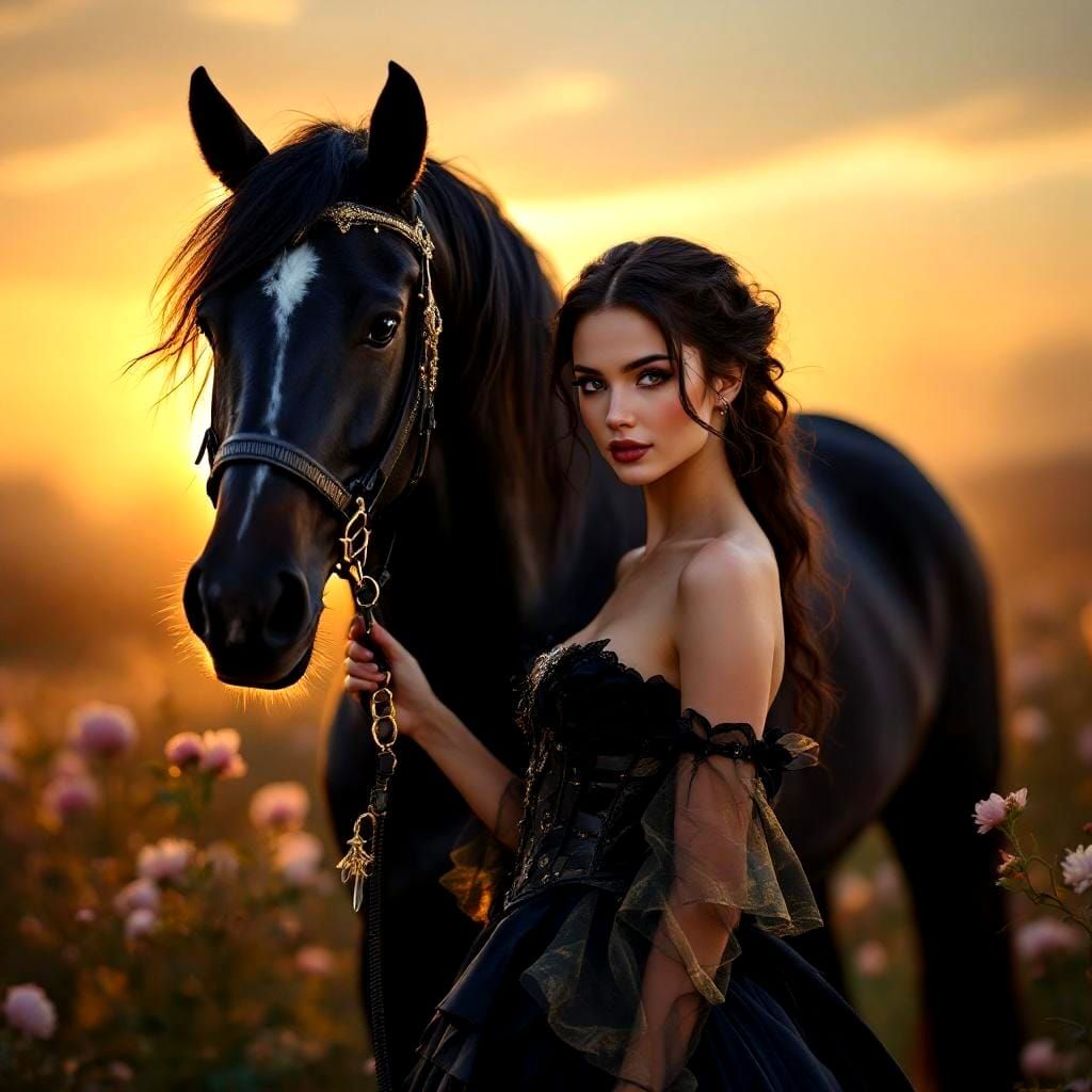 Romantic Portrait of Woman and Black Horse in Hyperrealism