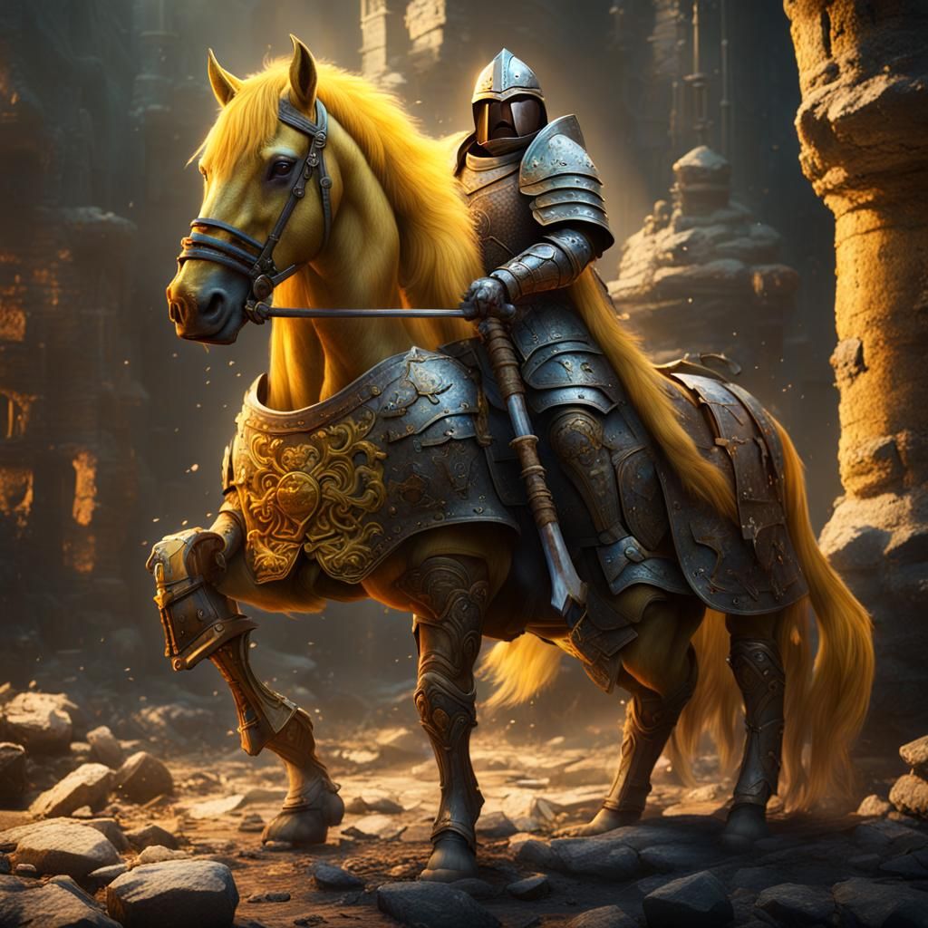 Armored Yellow Horse with Hammer, Fantasy Art