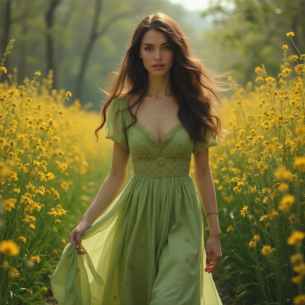 European Woman in Floral Path: Hyperrealistic Oil Painting