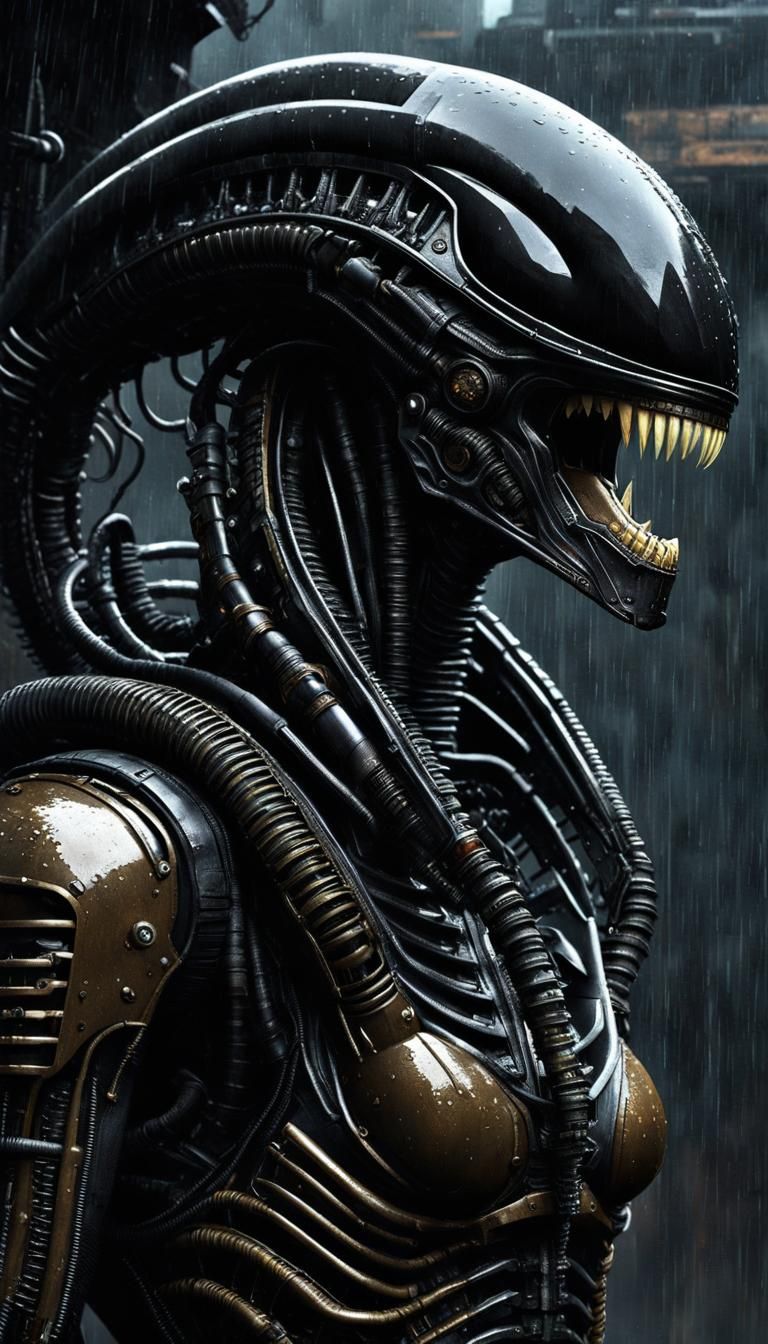 Dieselpunk Xenomorph Robot on Post-Apocalyptic Street