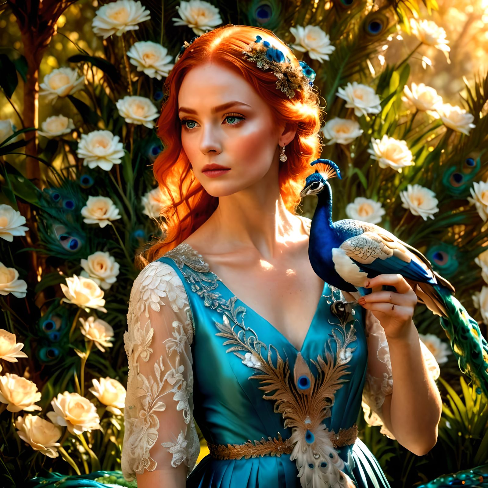 Red-Haired Woman with Blue Eyes and Peacock