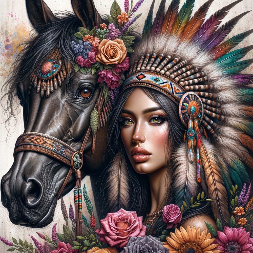 a portrait beautiful dark bay colored Arabian horse adorned in flowers and feathers standing behind a beautiful Native A...