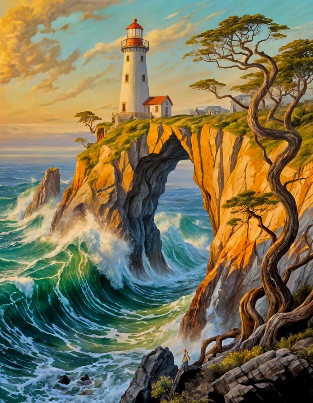 Lighthouse on Rock Arch Over Crashing Waves