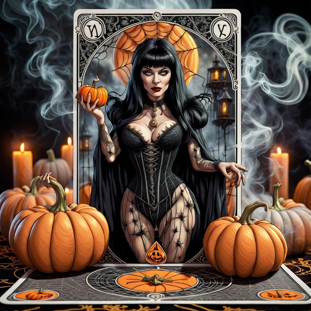 Elvira Tarot Card with Pumpkins and Cobwebs