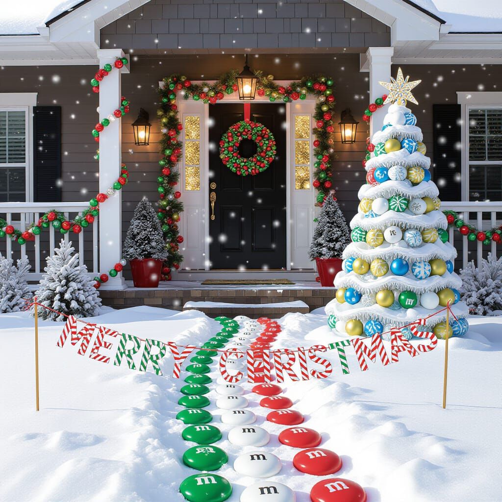Whimsical M&M Christmas Cabin in Snowy Landscape