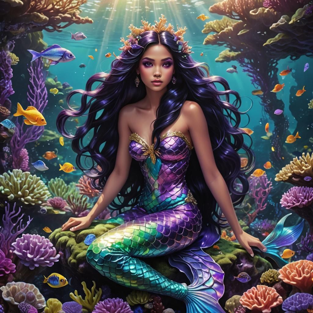 Vibrant Purple Mermaid in Dark Fantasy Sci-Fi Style