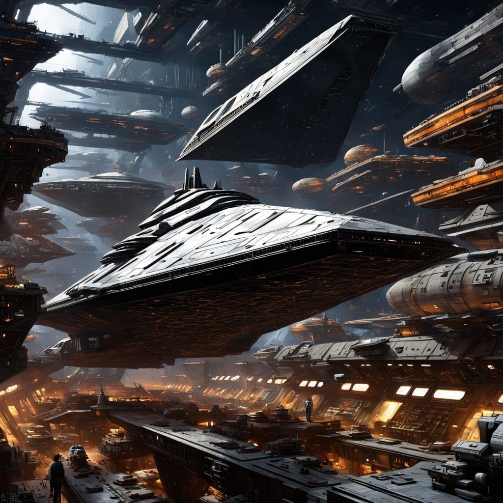 Cyberpunk Space Station Shipyard with Imperial Star Destroye...