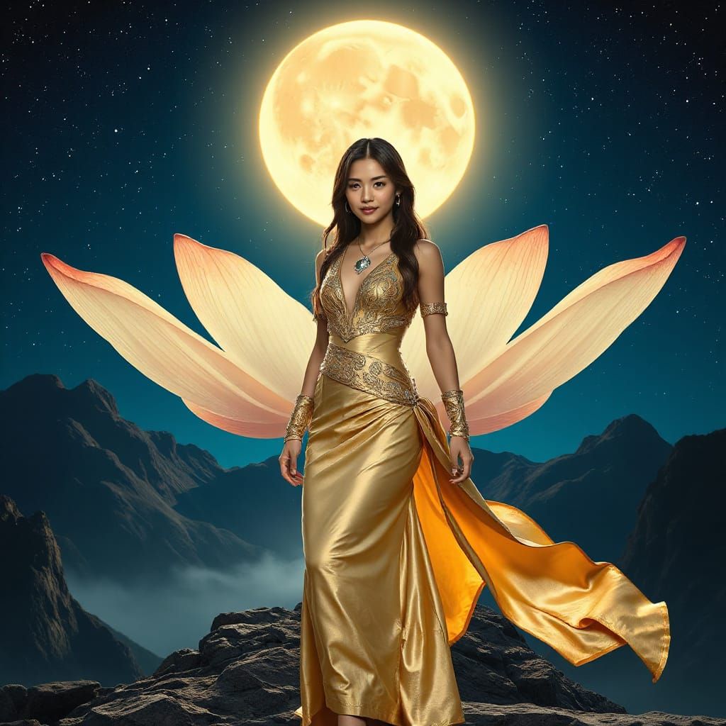 Ainu Woman Beneath Starry Sky with Giant Lotus Halo