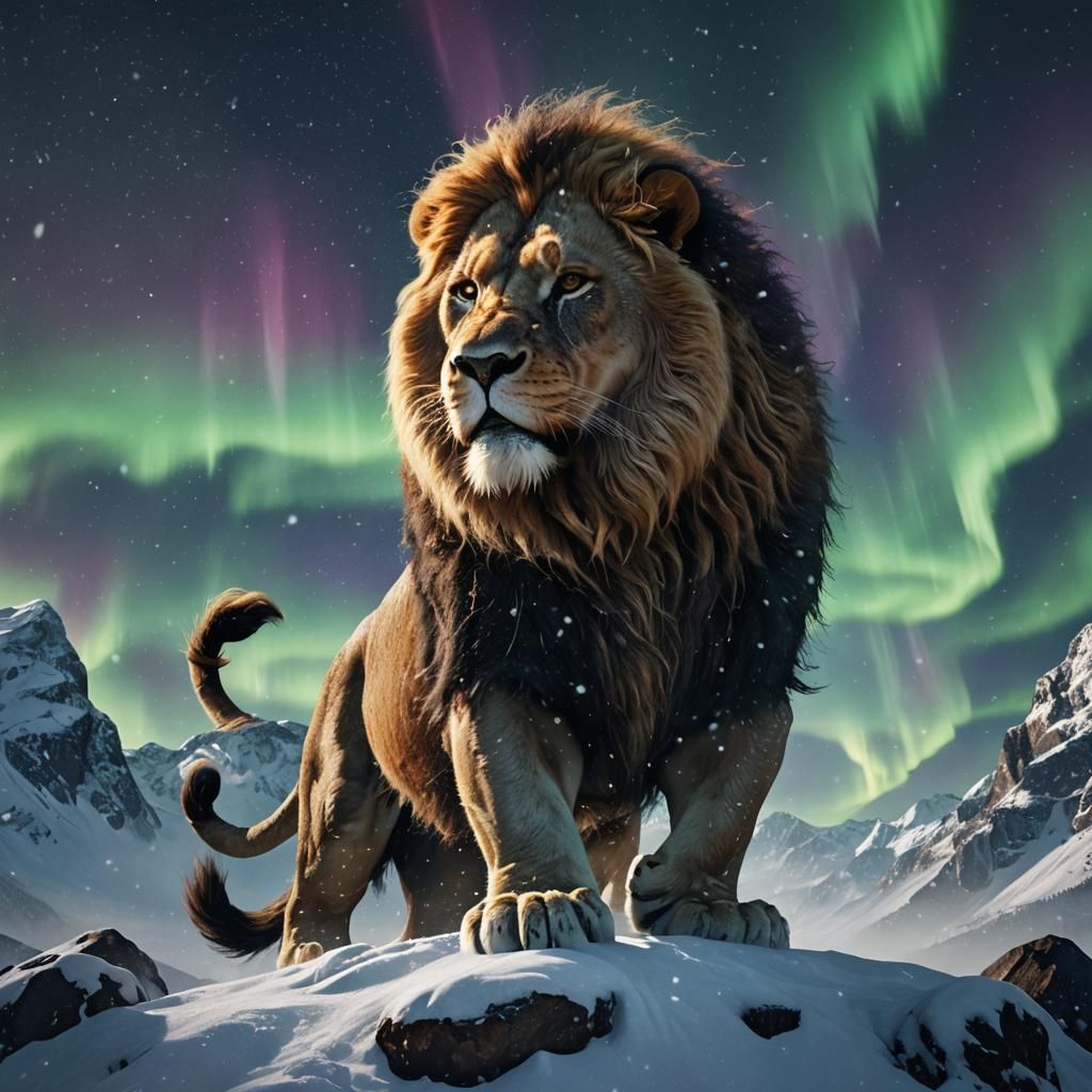 Lion Climbs Snowy Mountain Under Northern Lights