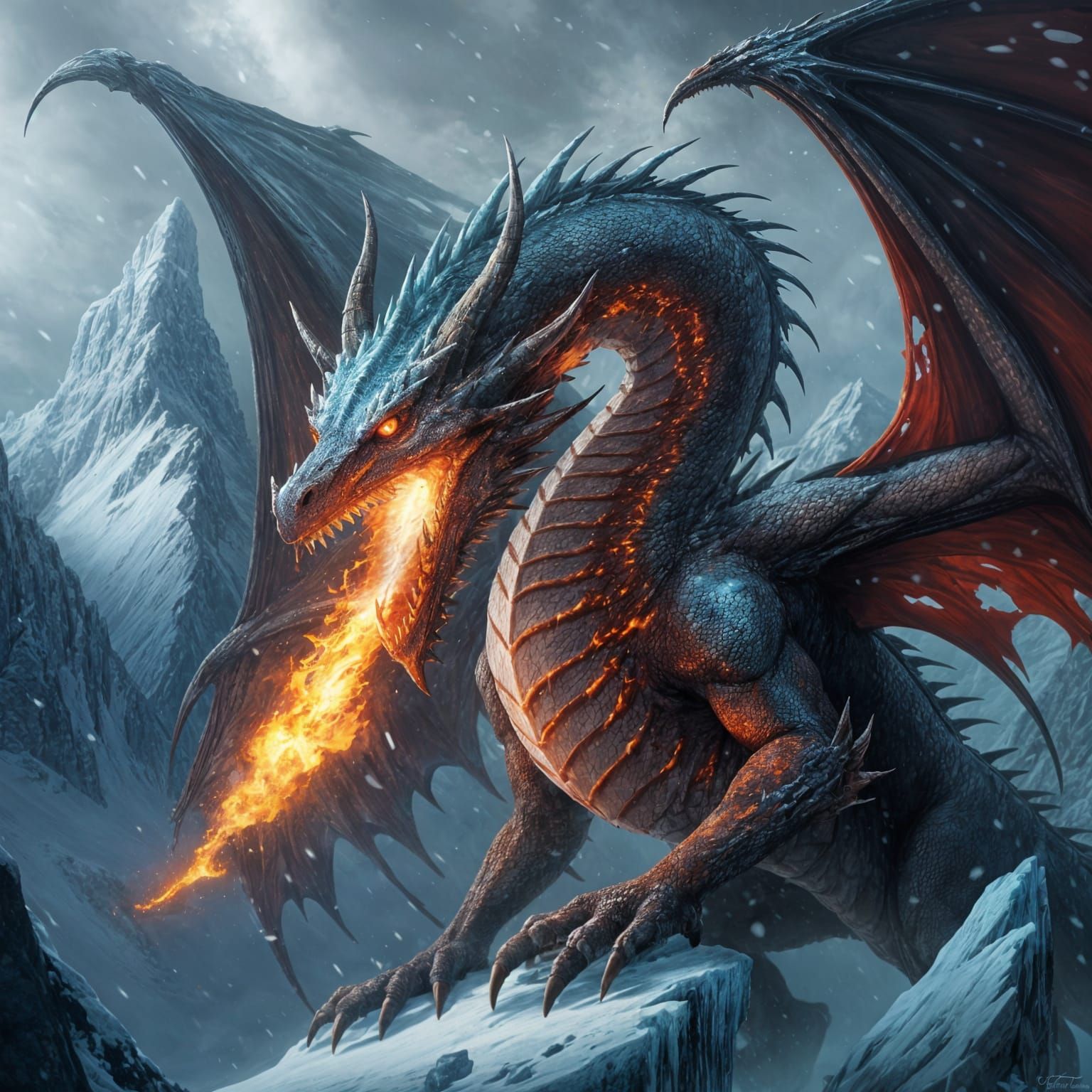 Majestic Fire and Ice Dragon on Snowy Mountain
