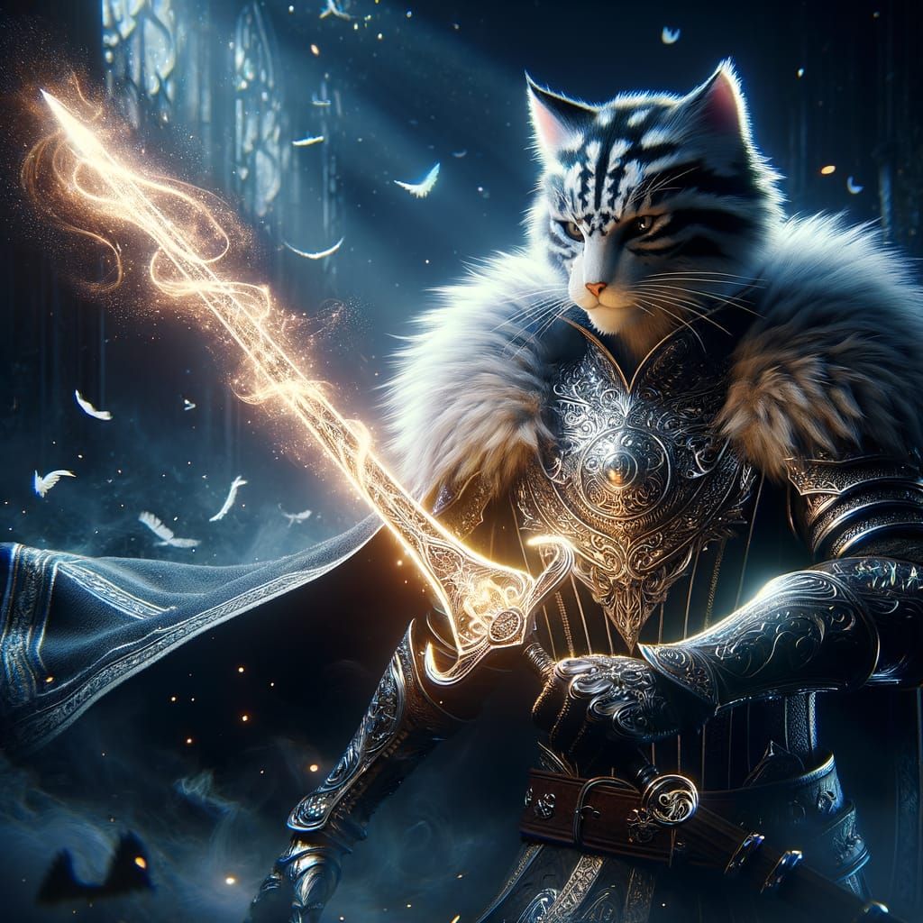 Epic Cat-Man Warrior with Enchanted Sword