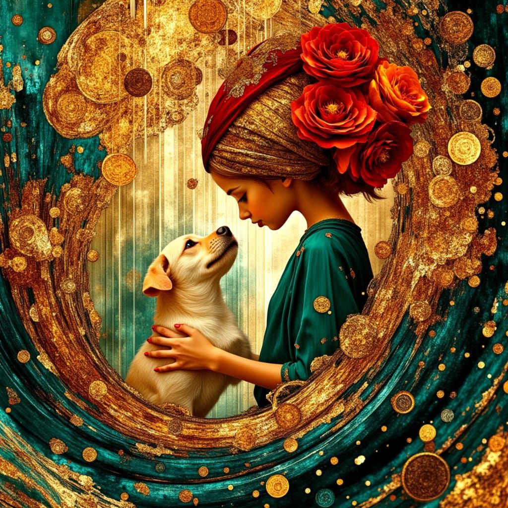 Art Deco Child & Dog in Abstract Fractal Design
