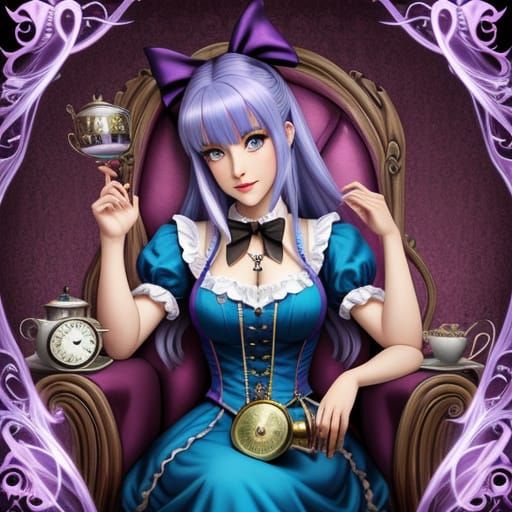 Surreal Wonderland Tea Party Scene in Whimsical Cartoon Styl...