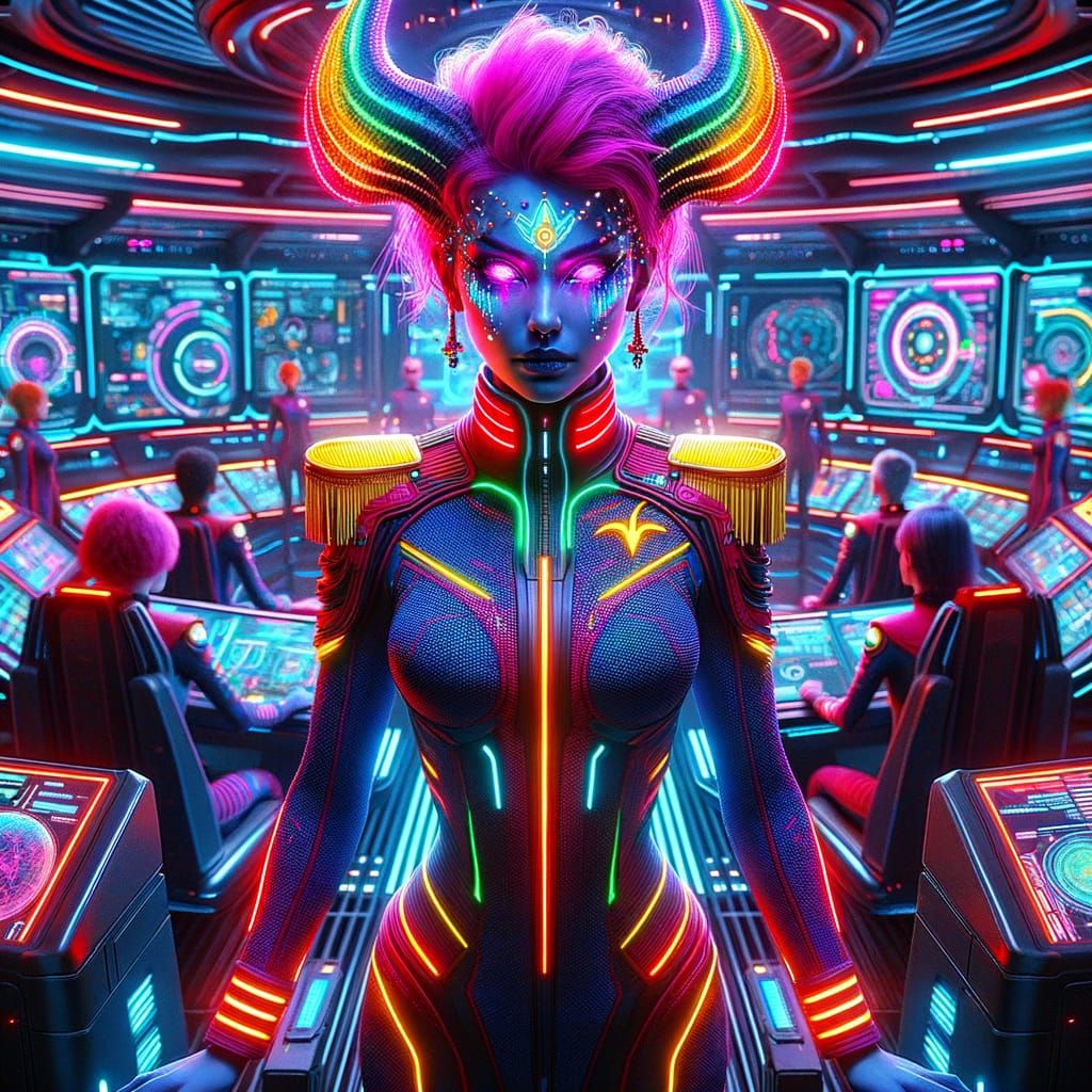Cyberpunk Captain Commands Neon Starship Bridge