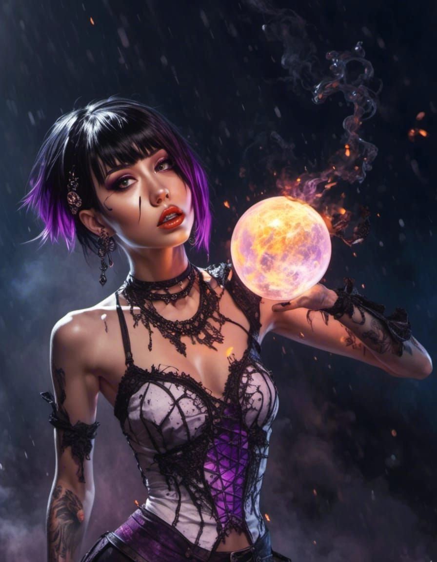 Emo Goth Woman Wielding Fireball Magic