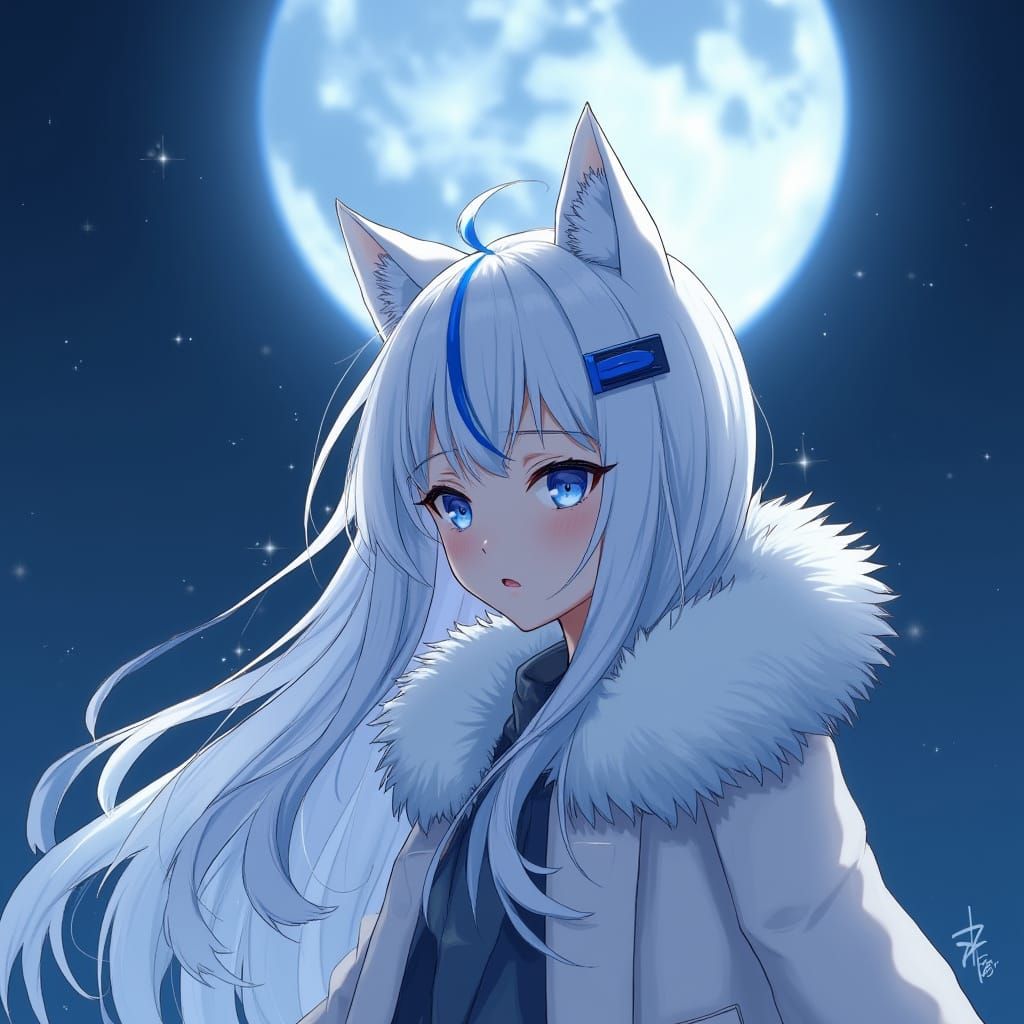 Anime Girl with Wolf Ears Under Moonlight