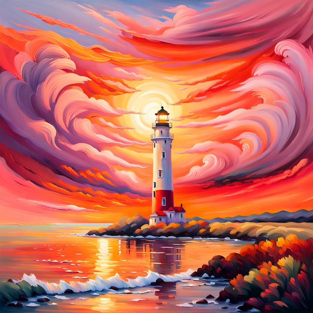 Lighthouse at Sunset in Impressionist Style