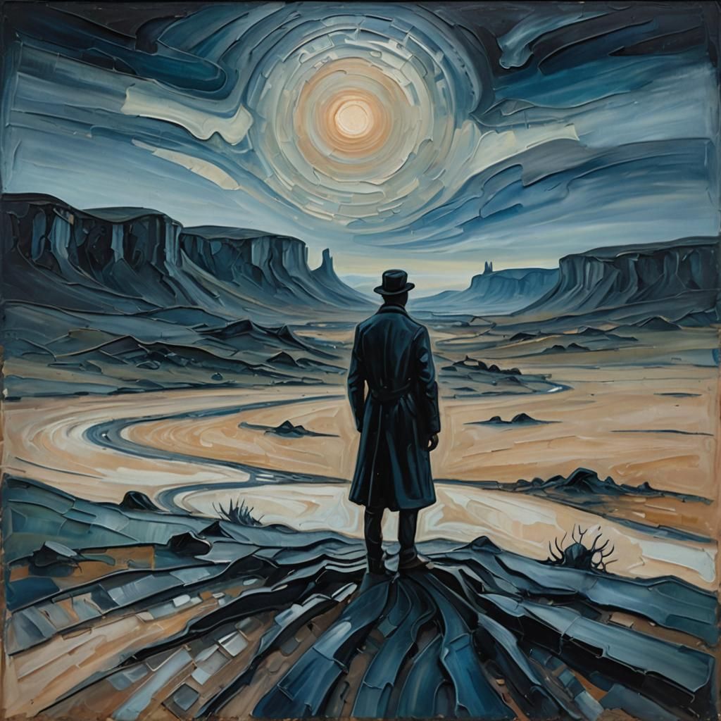 Melancholic Figure in Surreal Landscape as Oil Painting