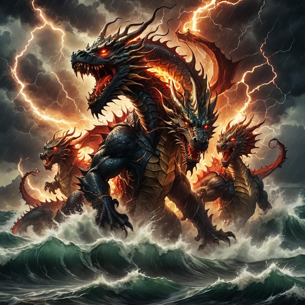 Seven-Headed Dragon Emerges from Stormy Sea