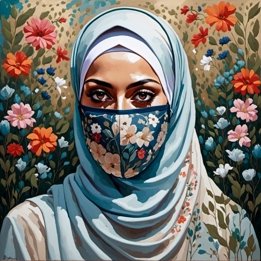 Mystic Garden: Hijabi Woman with Mask in Oil Painting Style