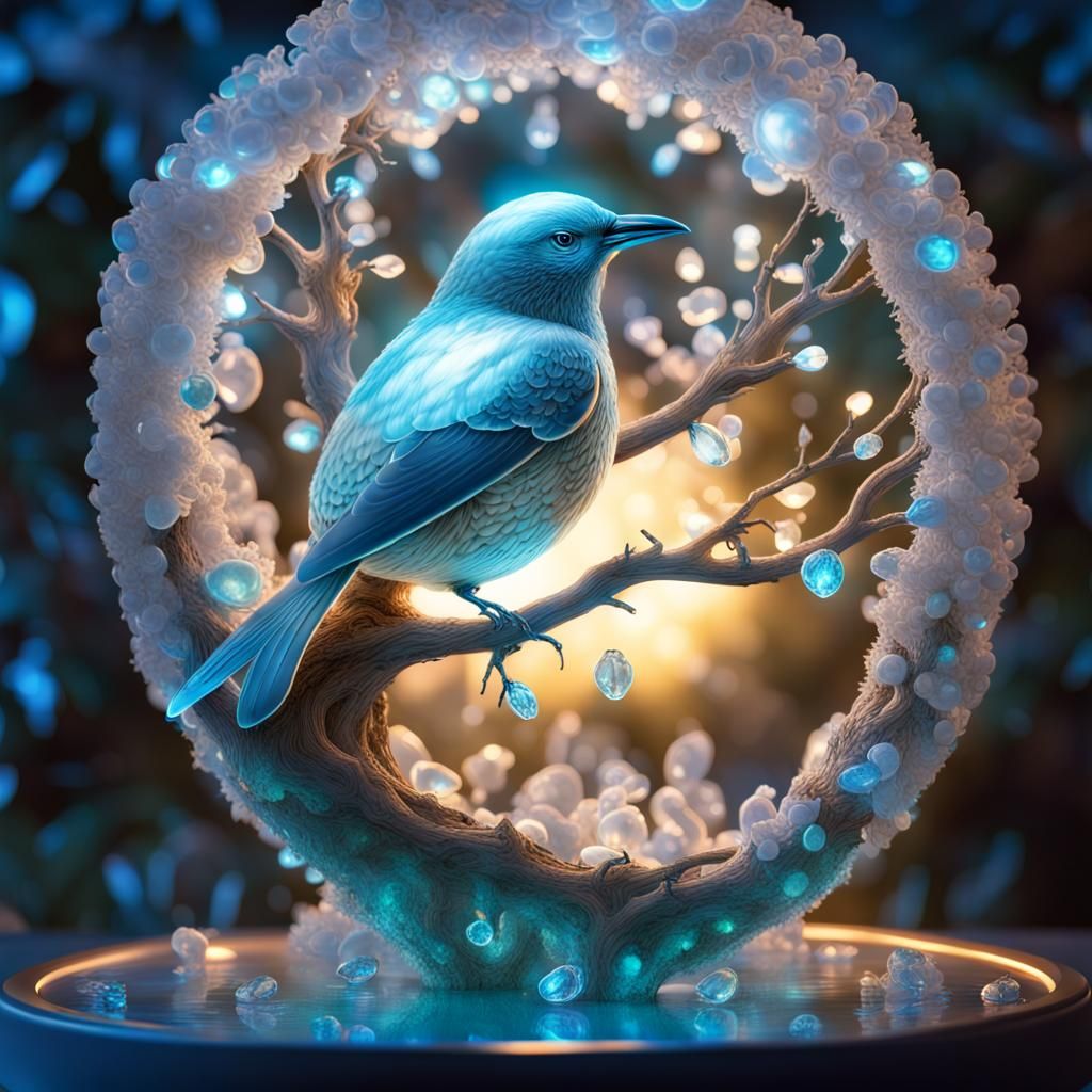 Bioluminescent Bird in Magical Tree with Angelic Light