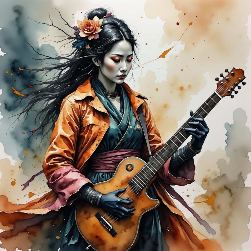Watercolor Painting of a Guitarist in Ink Wash Style