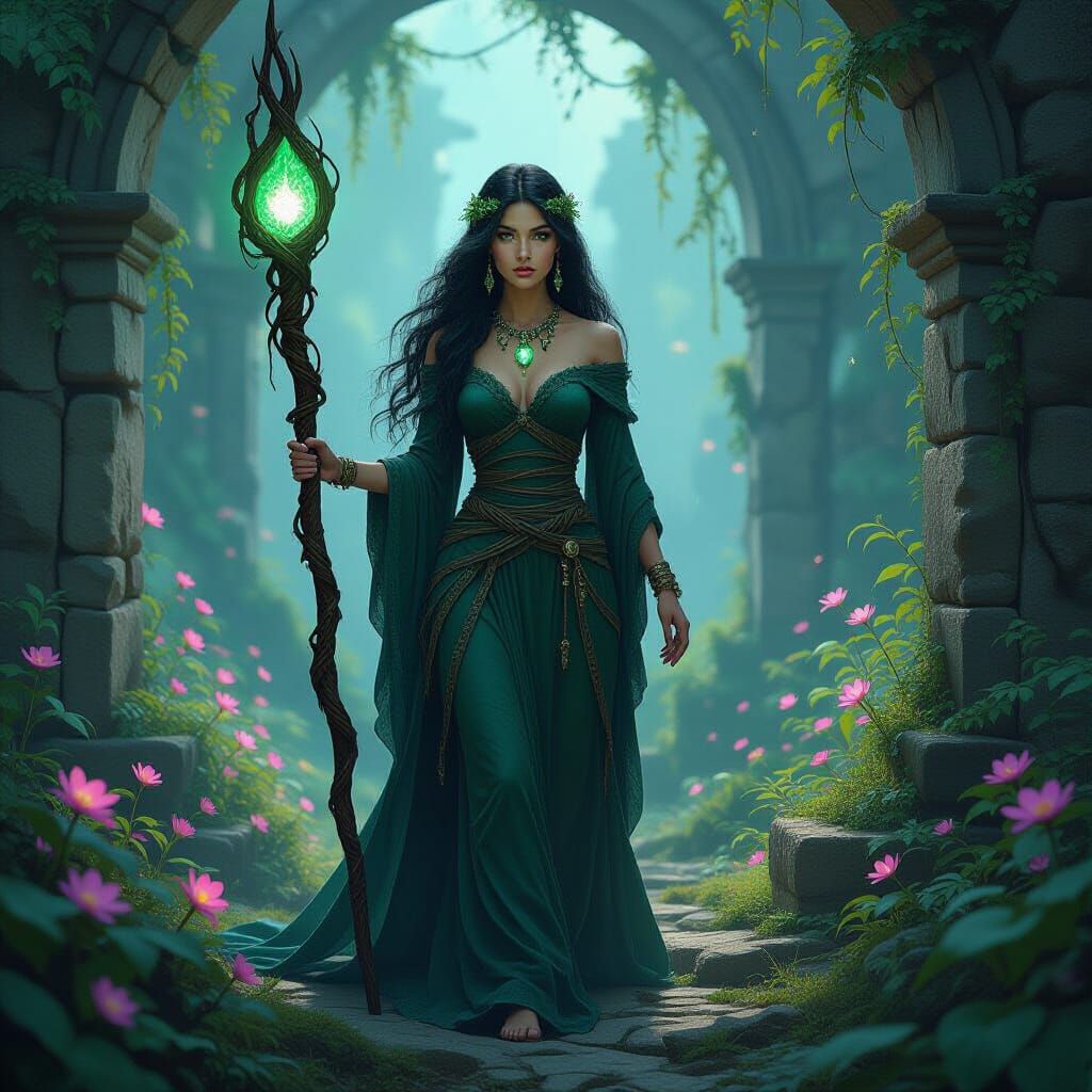 Druidess in Castle Ruins as Folk Art Nouveau